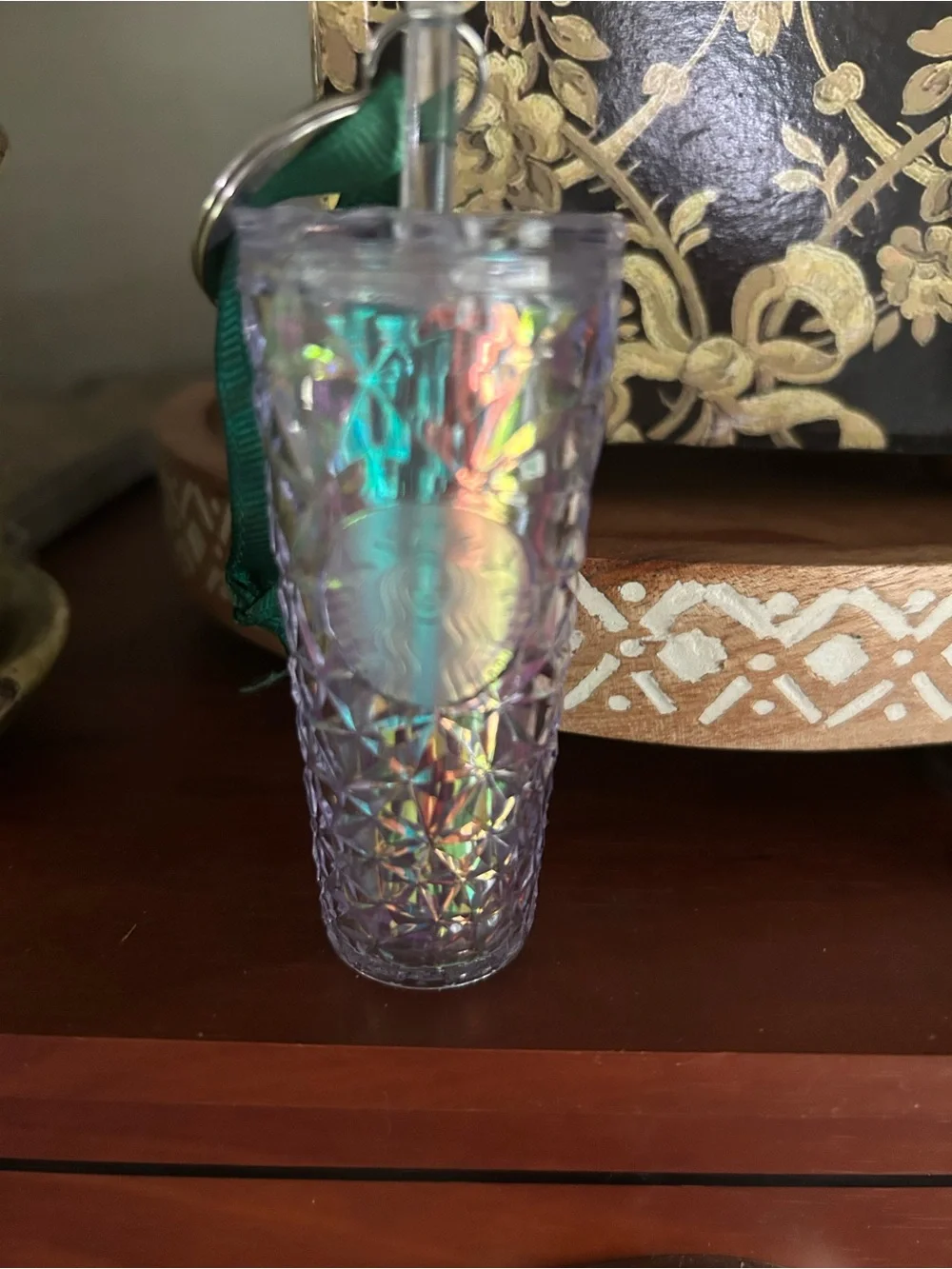 Starbucks Iridescent Lavender Mini Tumbler Keychain with Green Ribbon Loop